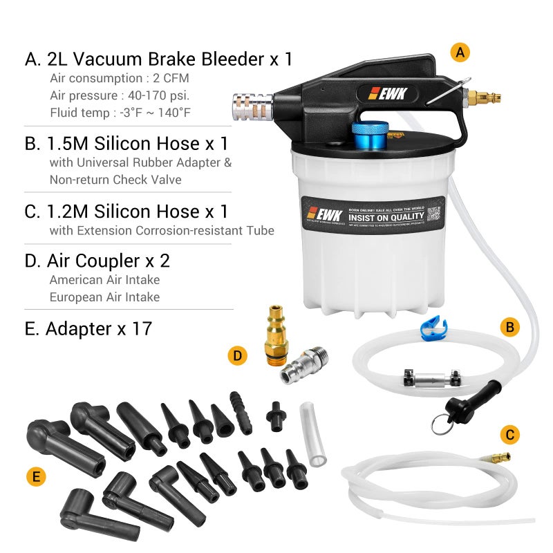 EWK 22-Piece Pneumatic Brake Fluid Bleeder Kit, 2L Vacuum Pump with 17 Adapters & 2 Hoses, One-Person Brake & Clutch Fluid Flush Tool for Cars, Motorcycles, Trucks & ABS Systems - Image 2